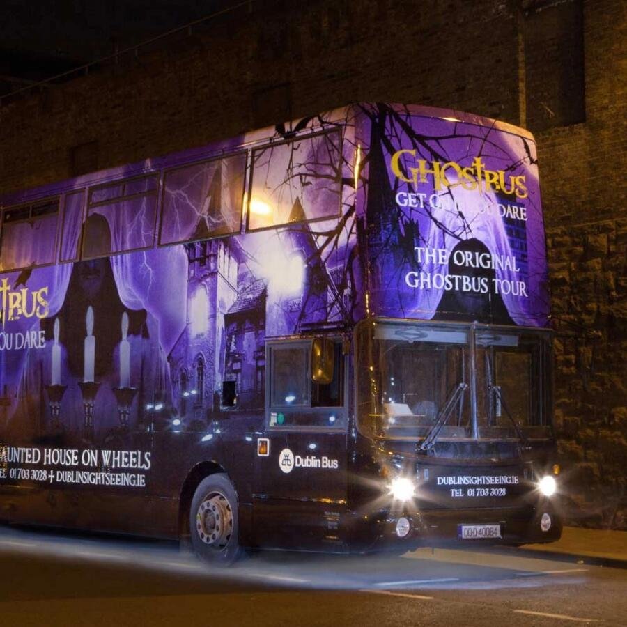 Ghostbus Tour Ghostbus Tourbus parked at night with the lights on